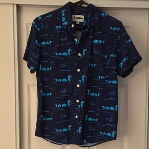 Tipsy Elves Navy Blue Short Sleeve Shirt with Blue Animal Print